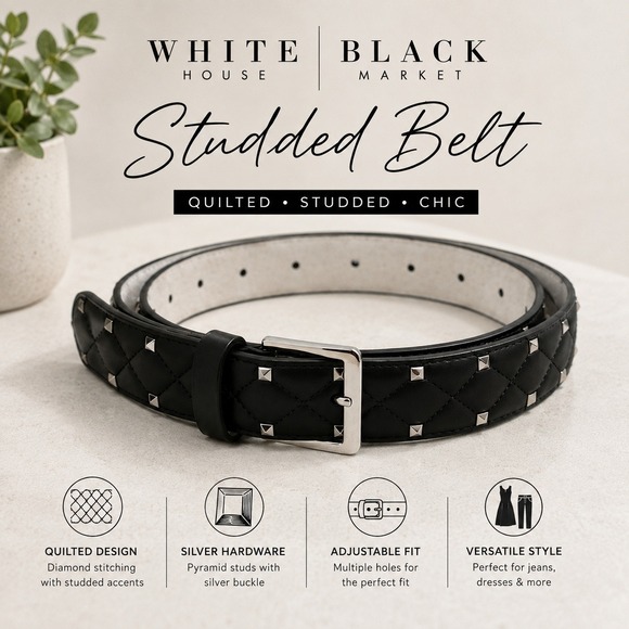 White House Black Market Accessories - White House Black Market Studded Belt Black Quilted Silver Pyramid Studs Size M